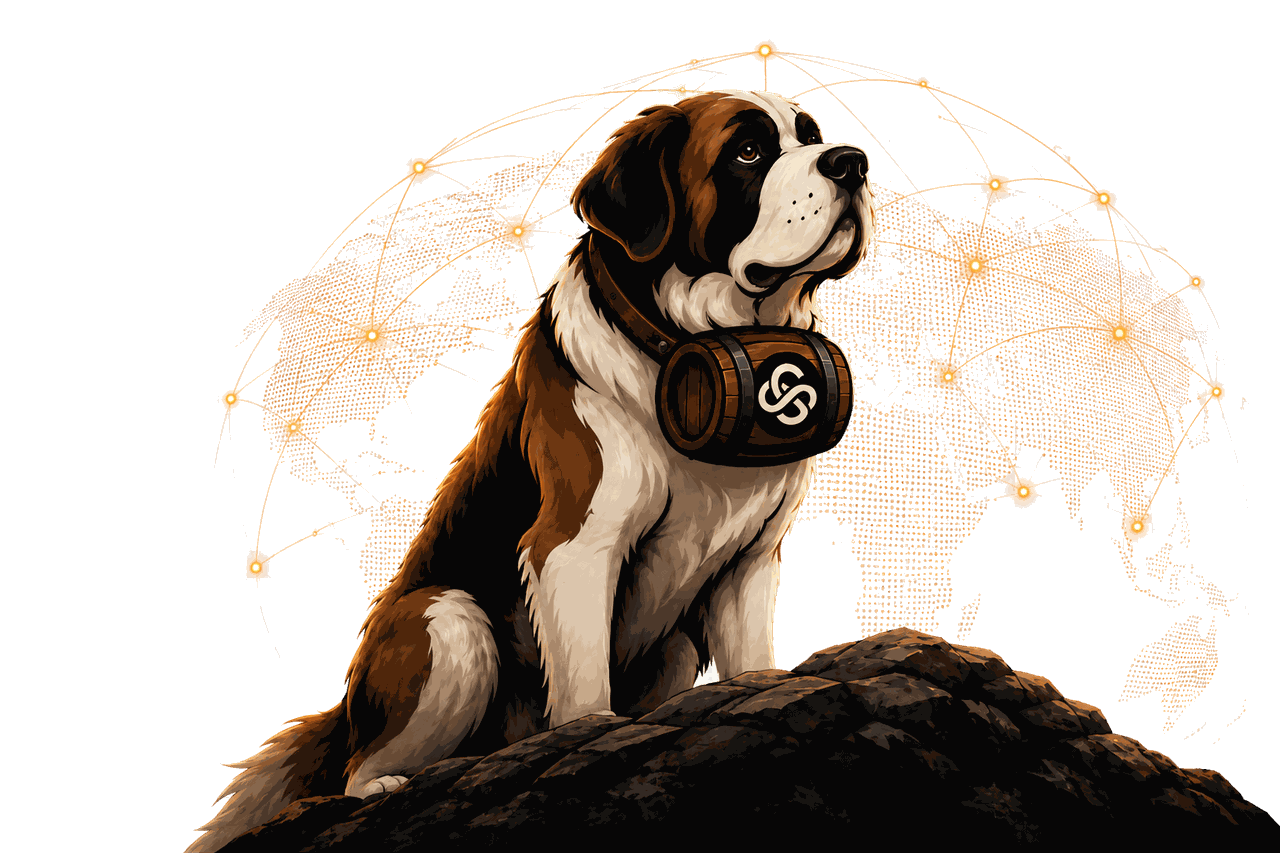 Gnarly, the Gnarl St. Bernard, his barrel marked with the Gnarl knot, in front of a globe of connected nodes